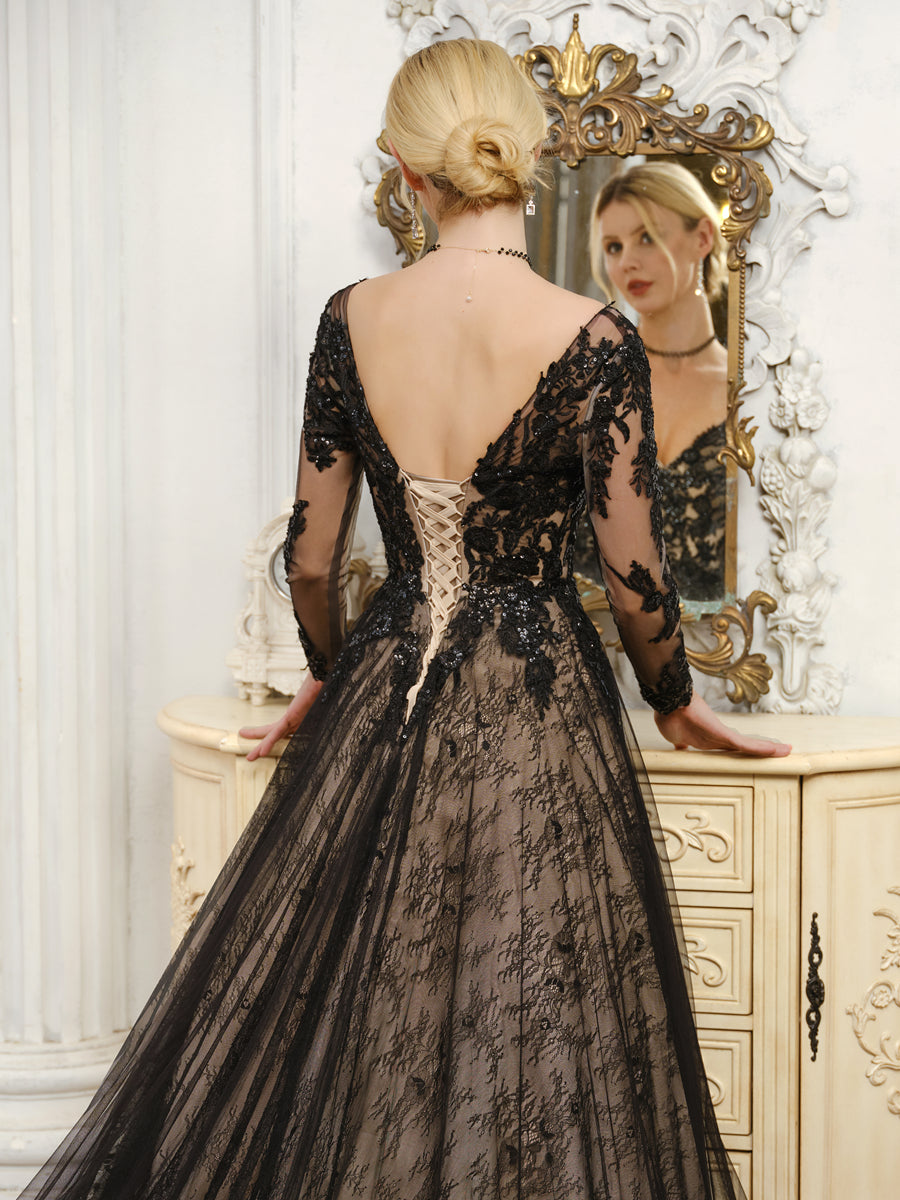Vestidos de Noiva de Tule com Mangas Compridas e Decote Em V com Miçangas e Apliques