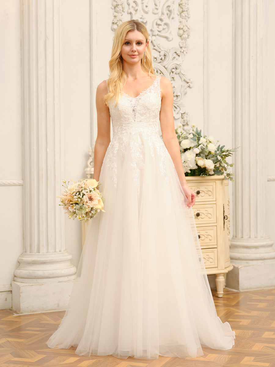 Vestidos de Noiva Longos Em Linha A/Princesa com Decote Em V Sem Mangas e Apliques