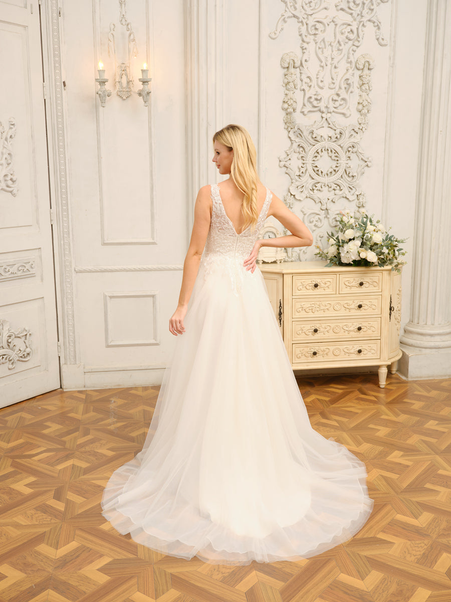 Vestidos de Noiva Longos Em Linha A/Princesa com Decote Em V Sem Mangas e Apliques