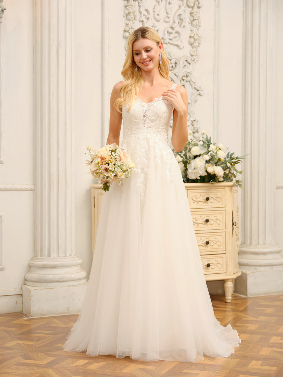Vestidos de Noiva Longos Em Linha A/Princesa com Decote Em V Sem Mangas e Apliques