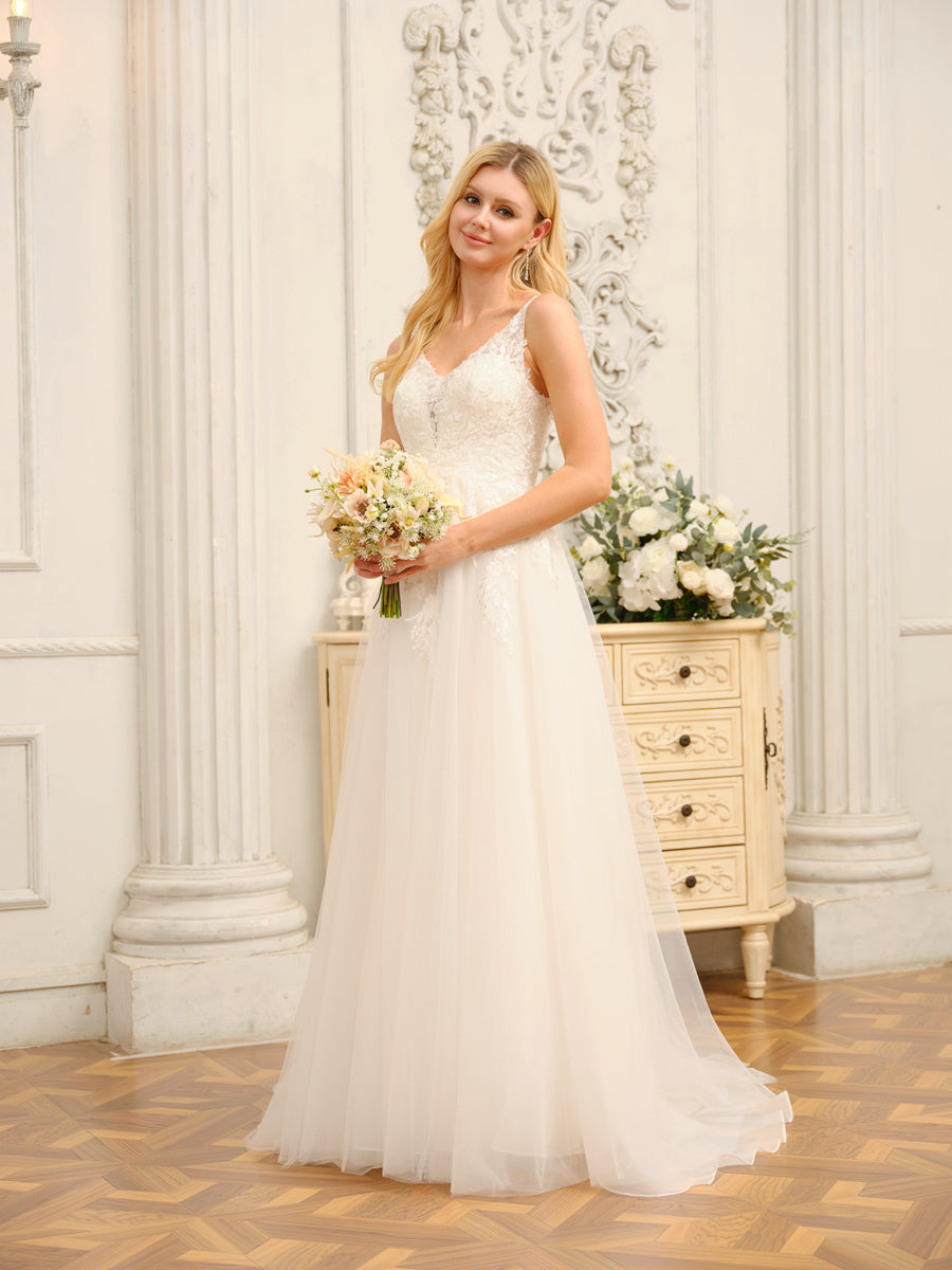 Vestidos de Noiva Longos Em Linha A/Princesa com Decote Em V Sem Mangas e Apliques
