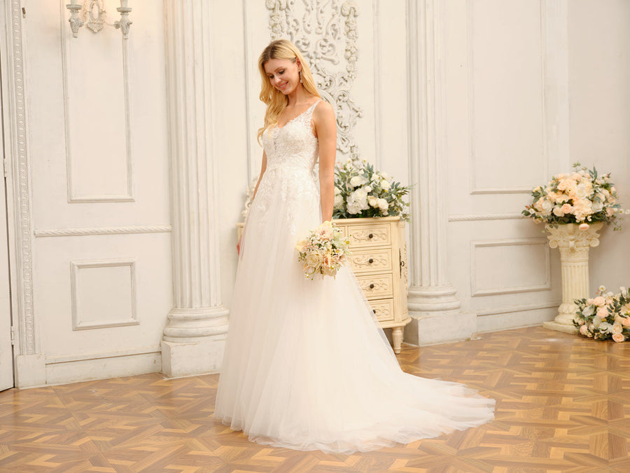 Vestidos de Noiva Longos Em Linha A/Princesa com Decote Em V Sem Mangas e Apliques