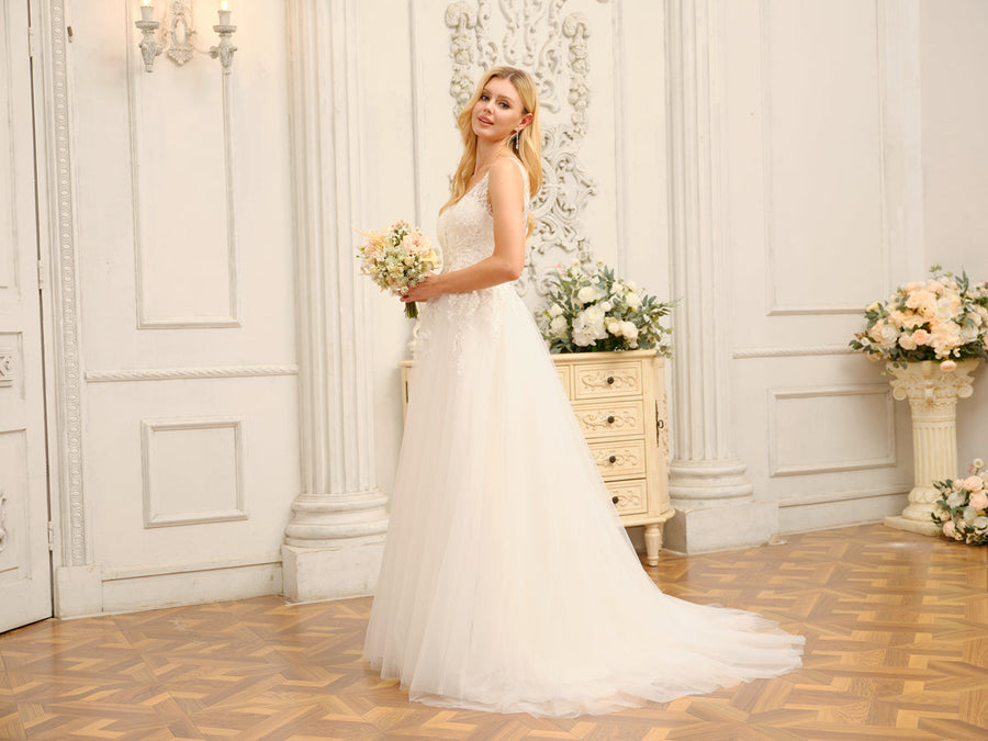 Vestidos de Noiva Longos Em Linha A/Princesa com Decote Em V Sem Mangas e Apliques