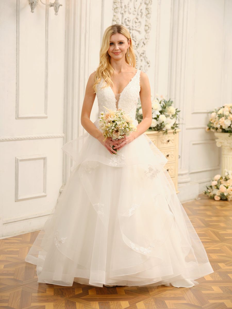 Vestido de Noiva Longo Sem Mangas com Decote Em V e Apliques