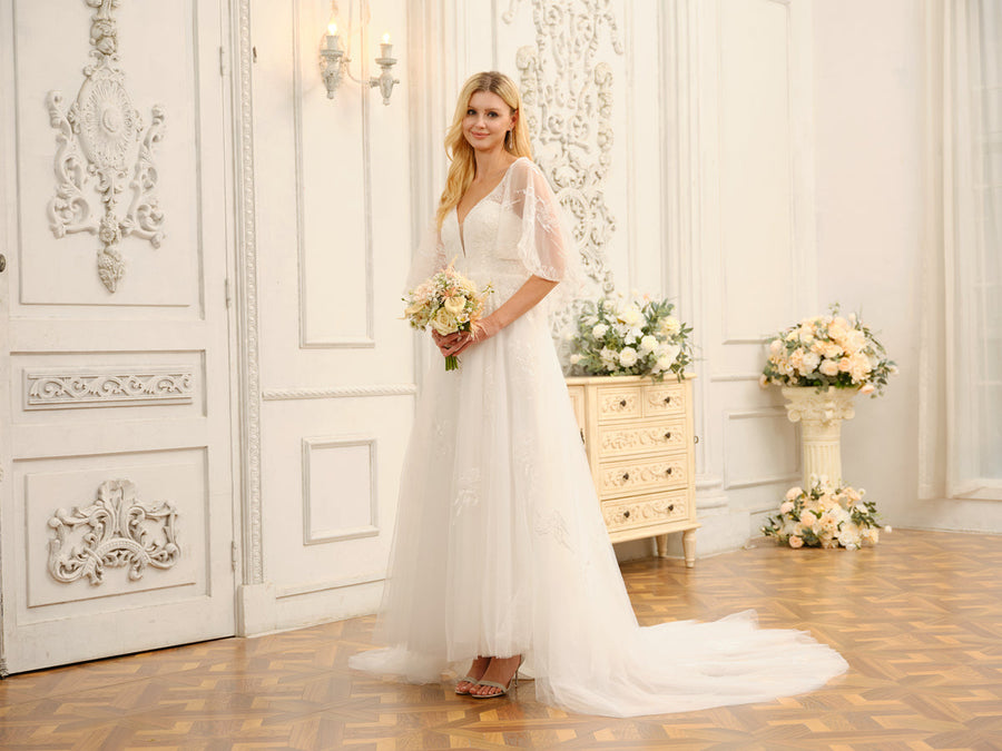 Vestidos de Noiva Longos Em Linha A/Princesa com Decote Em V e Meia Manga com Apliques