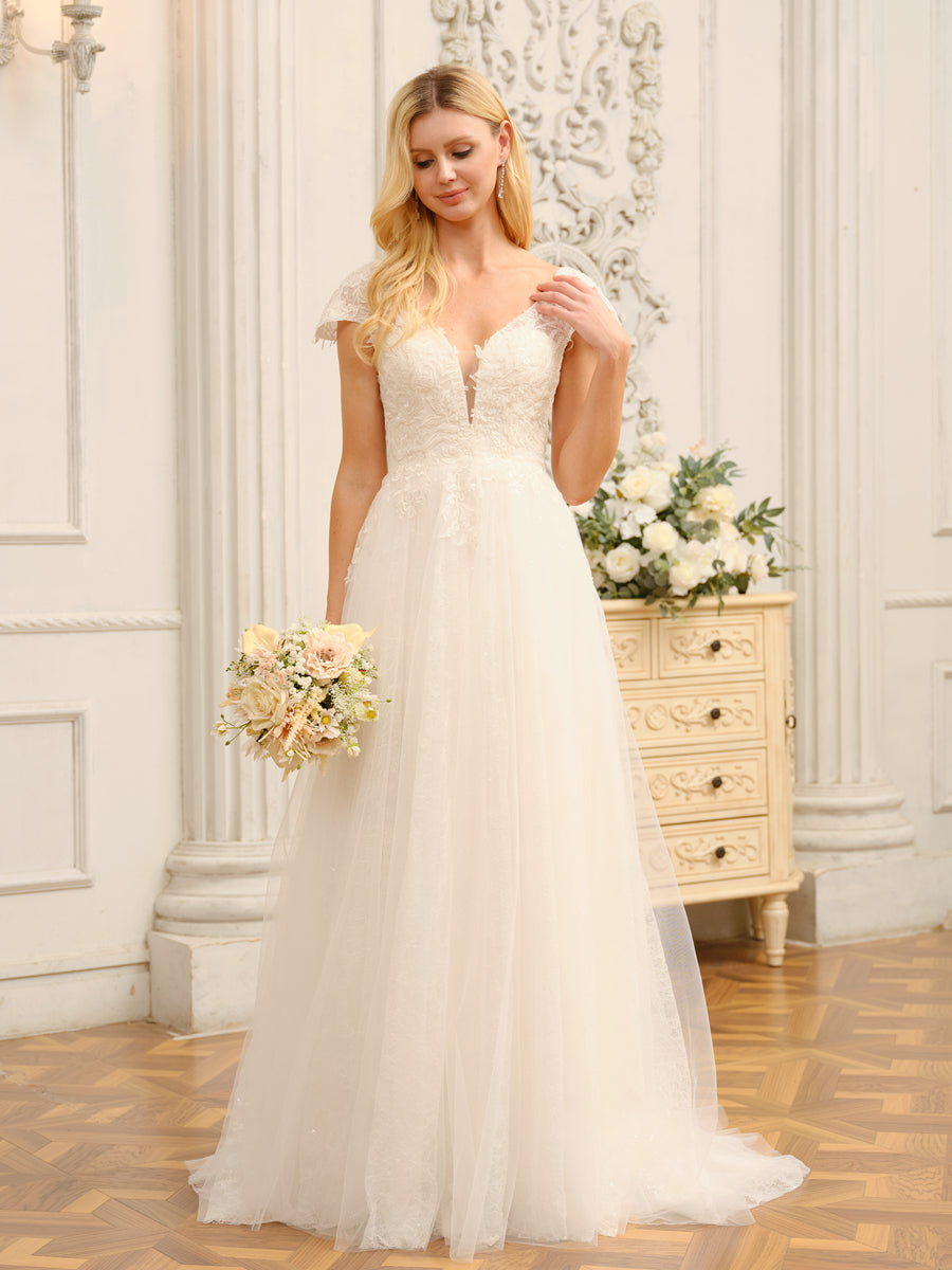 Vestidos de Noiva Longos com Decote Em V e Mangas Curtas com Apliques e Miçangas