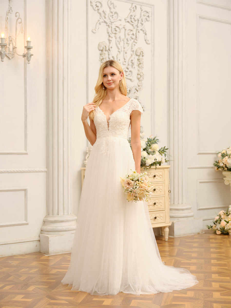 Vestidos de Noiva Longos com Decote Em V e Mangas Curtas com Apliques e Miçangas