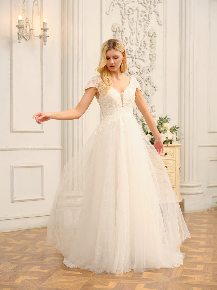 Vestidos de Noiva Longos com Decote Em V e Mangas Curtas com Apliques e Miçangas