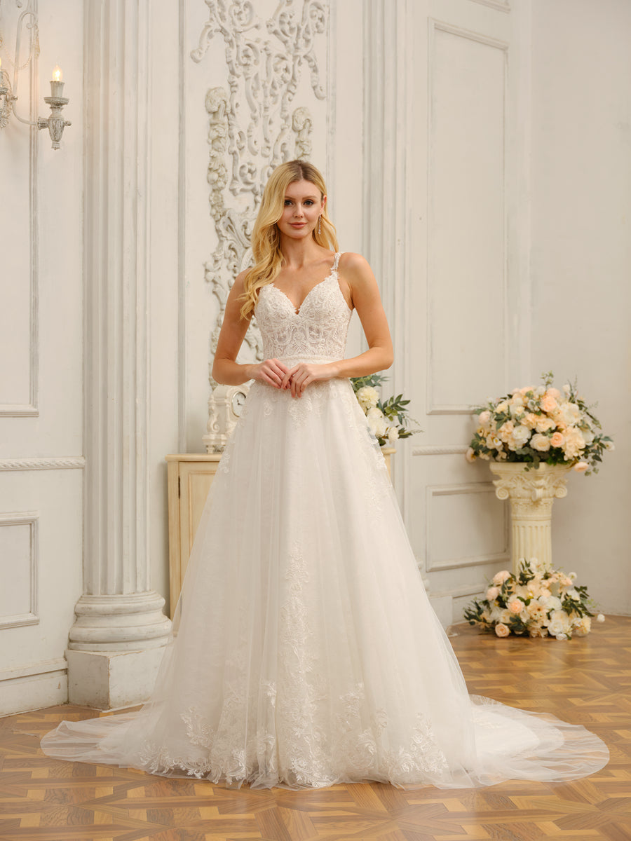 Alças Finas com Decote Em V Sem Mangas Vestidos de Noiva Longos com Apliques e Miçangas