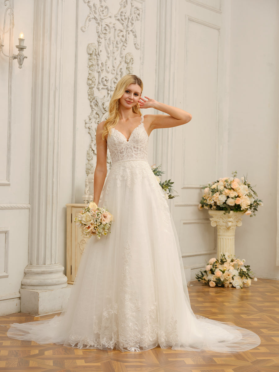 Alças Finas com Decote Em V Sem Mangas Vestidos de Noiva Longos com Apliques e Miçangas