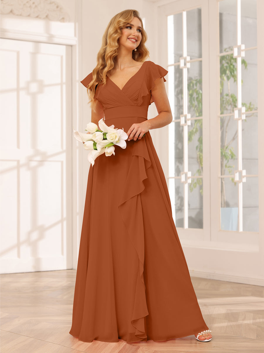 Vestidos Longos de Dama de Honra Evasê/Princesa com Decote Em V e Babados