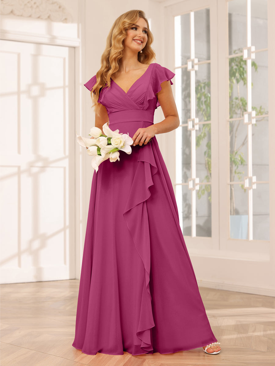 Vestidos Longos de Dama de Honra Evasê/Princesa com Decote Em V e Babados