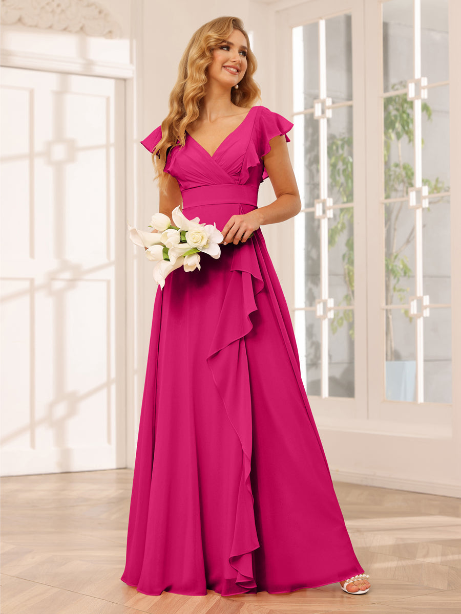 Vestidos Longos de Dama de Honra Evasê/Princesa com Decote Em V e Babados