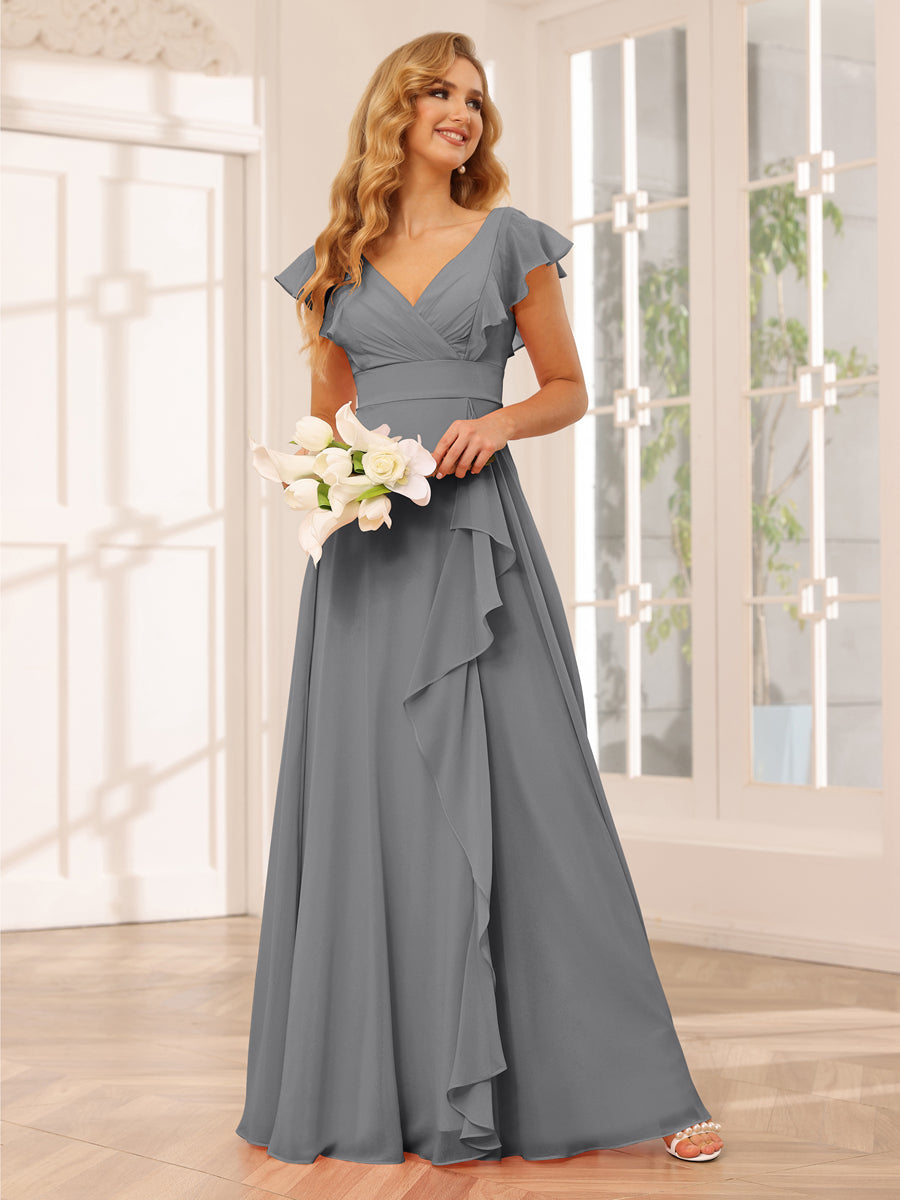 Vestidos Longos de Dama de Honra Evasê/Princesa com Decote Em V e Babados