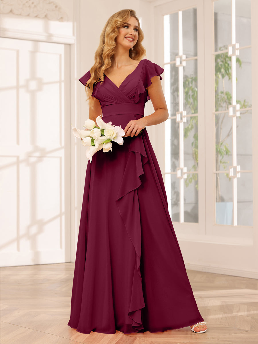 Vestidos Longos de Dama de Honra Evasê/Princesa com Decote Em V e Babados