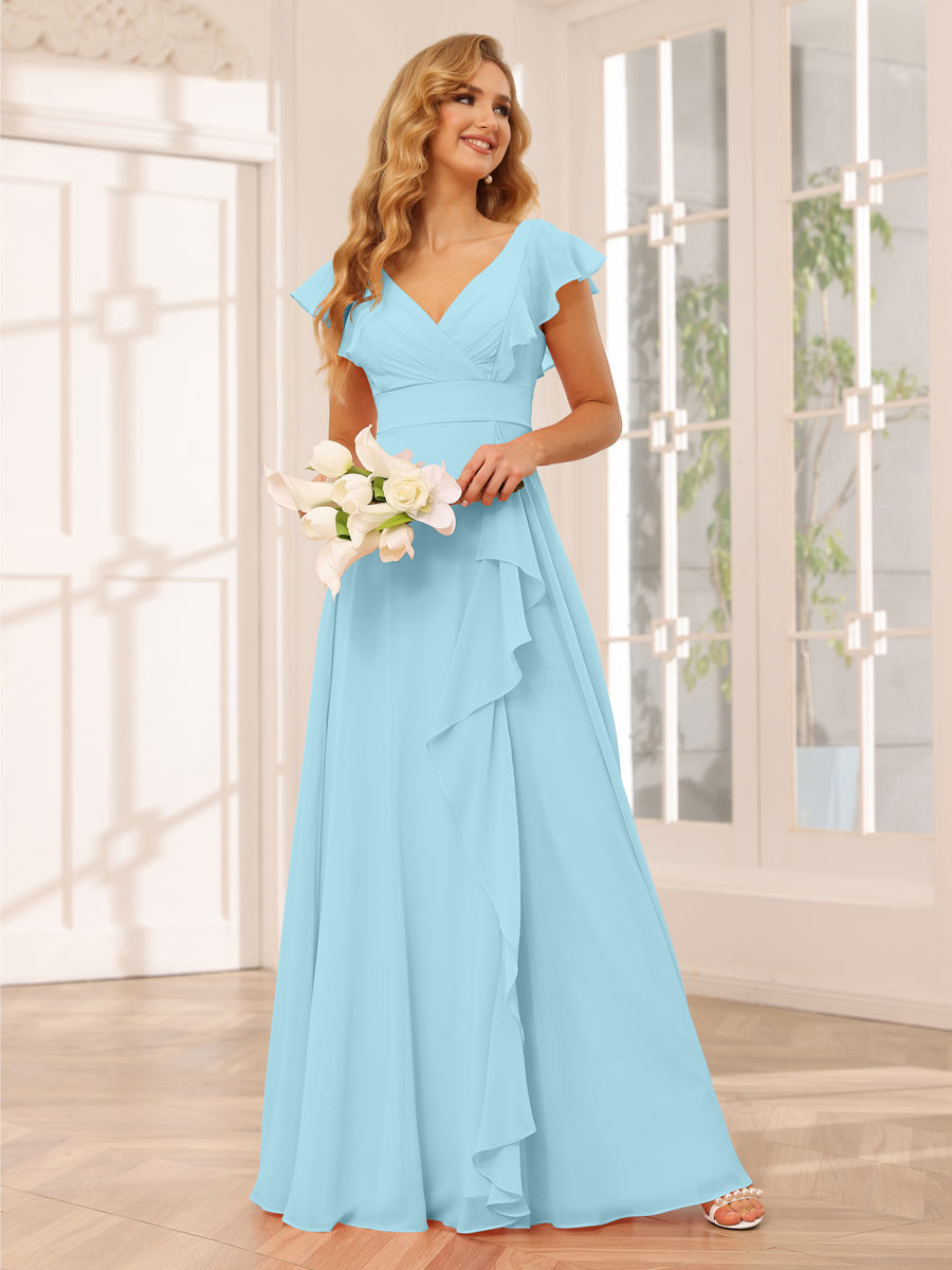 Vestidos Longos de Dama de Honra Evasê/Princesa com Decote Em V e Babados