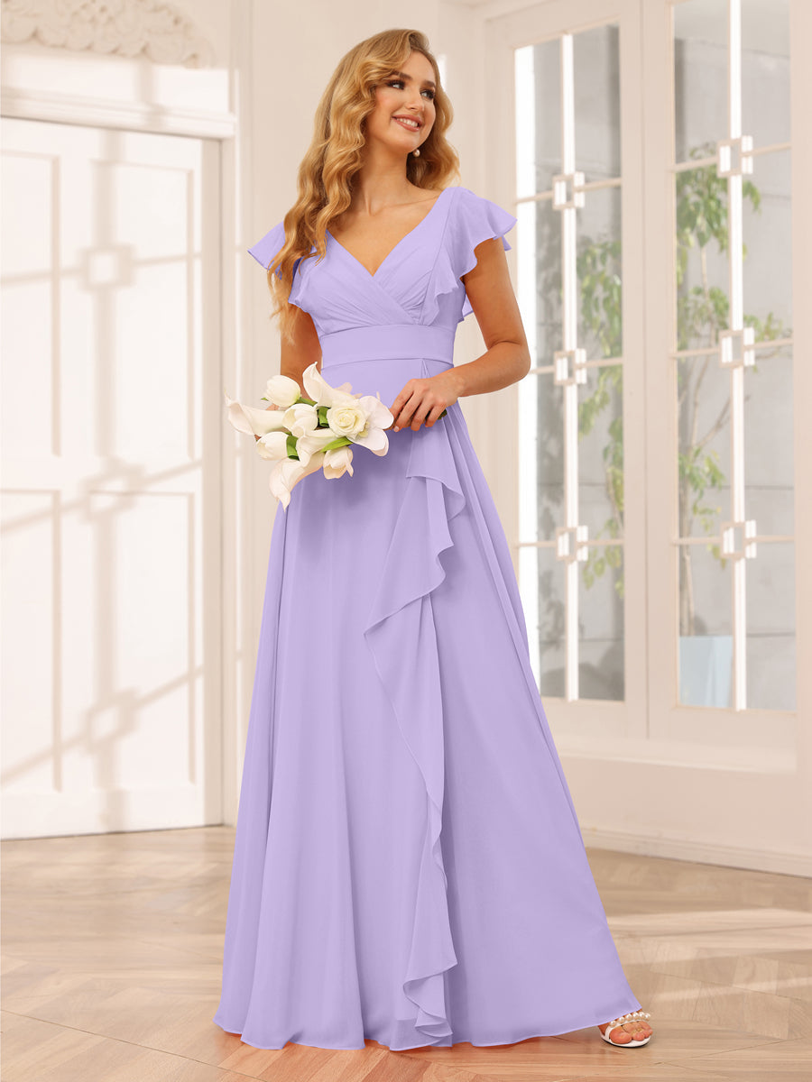 Vestidos Longos de Dama de Honra Evasê/Princesa com Decote Em V e Babados