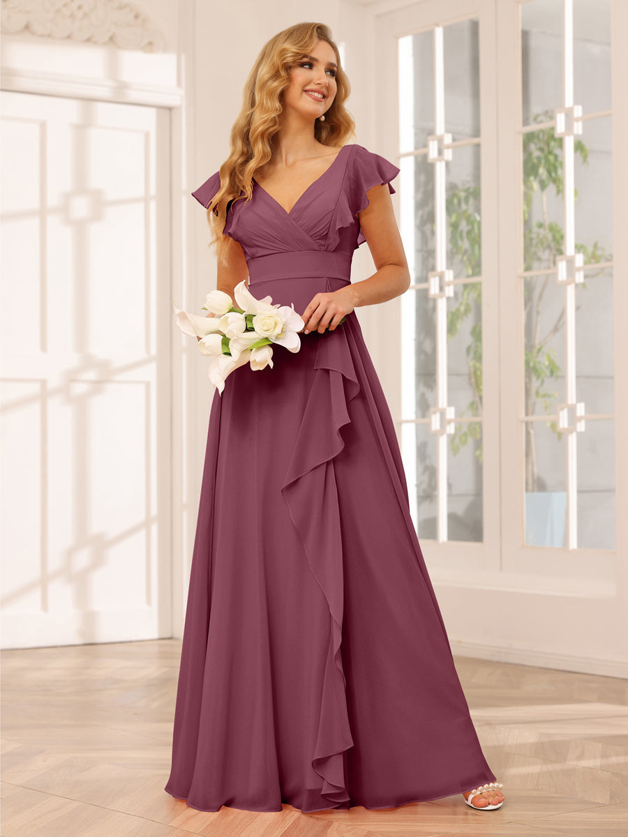 Vestidos Longos de Dama de Honra Evasê/Princesa com Decote Em V e Babados