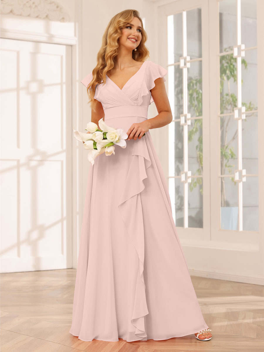 Vestidos Longos de Dama de Honra Evasê/Princesa com Decote Em V e Babados