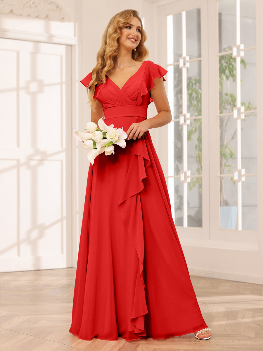 Vestidos Longos de Dama de Honra Evasê/Princesa com Decote Em V e Babados