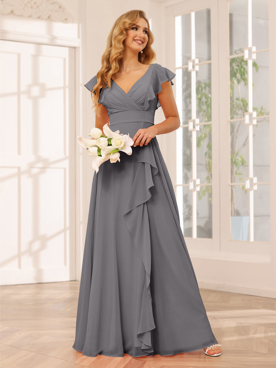 Vestidos Longos de Dama de Honra Evasê/Princesa com Decote Em V e Babados