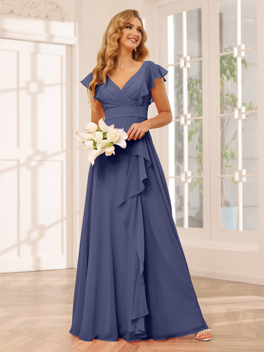 Vestidos Longos de Dama de Honra Evasê/Princesa com Decote Em V e Babados