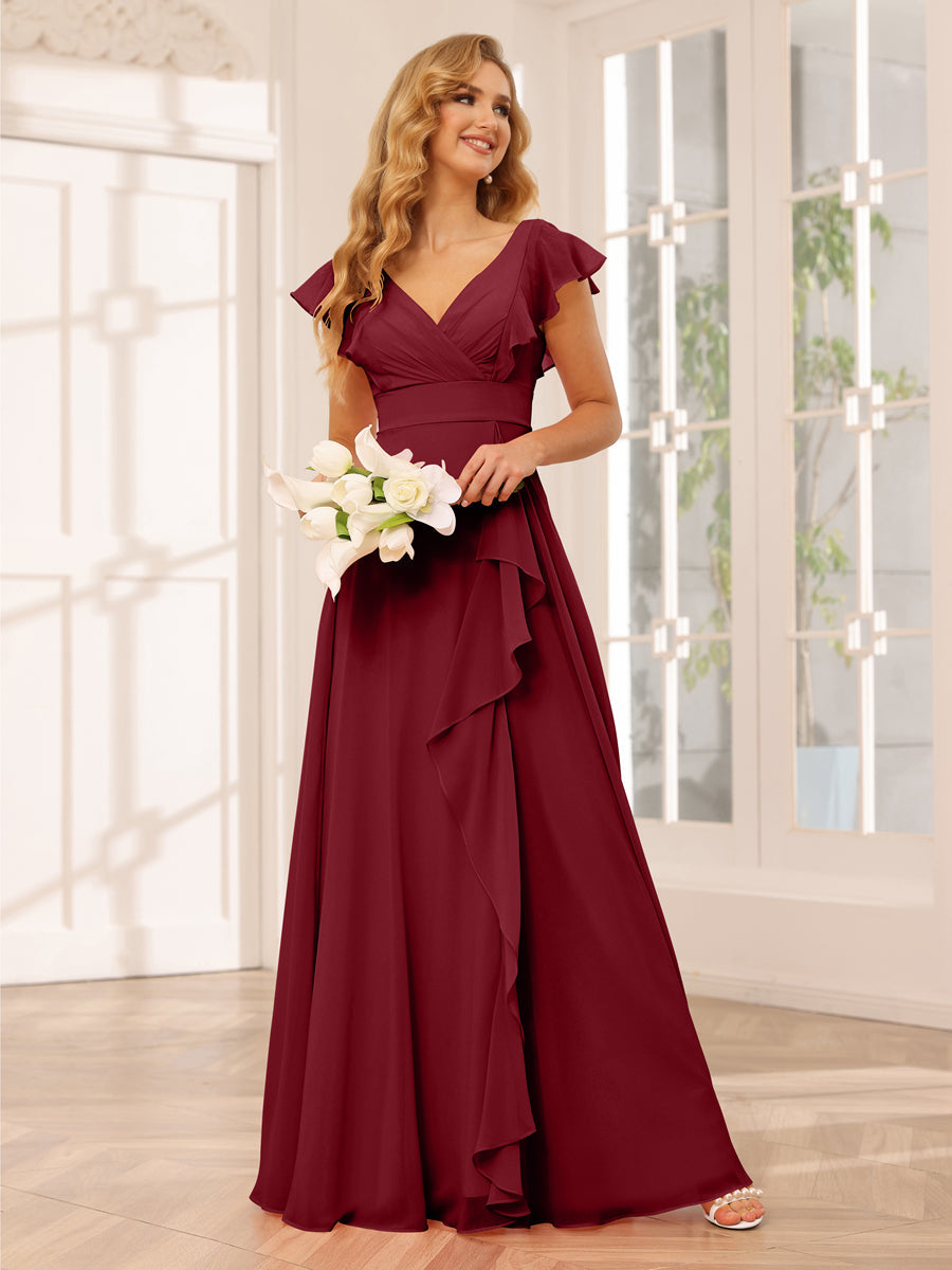 Vestidos Longos de Dama de Honra Evasê/Princesa com Decote Em V e Babados