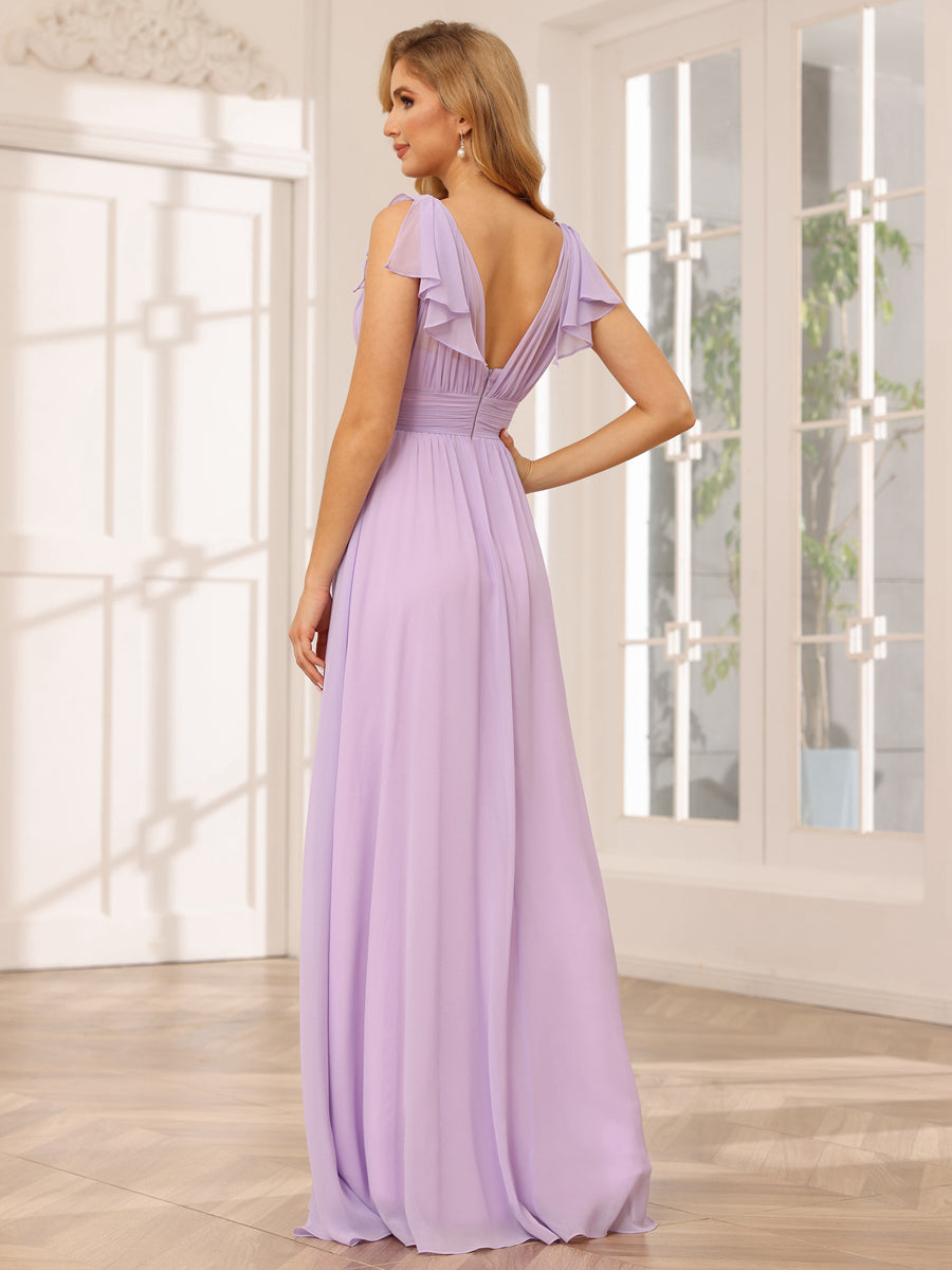 Vestidos Longos de Dama de Honra Evasê/Princesa com Decote Em V e Babados