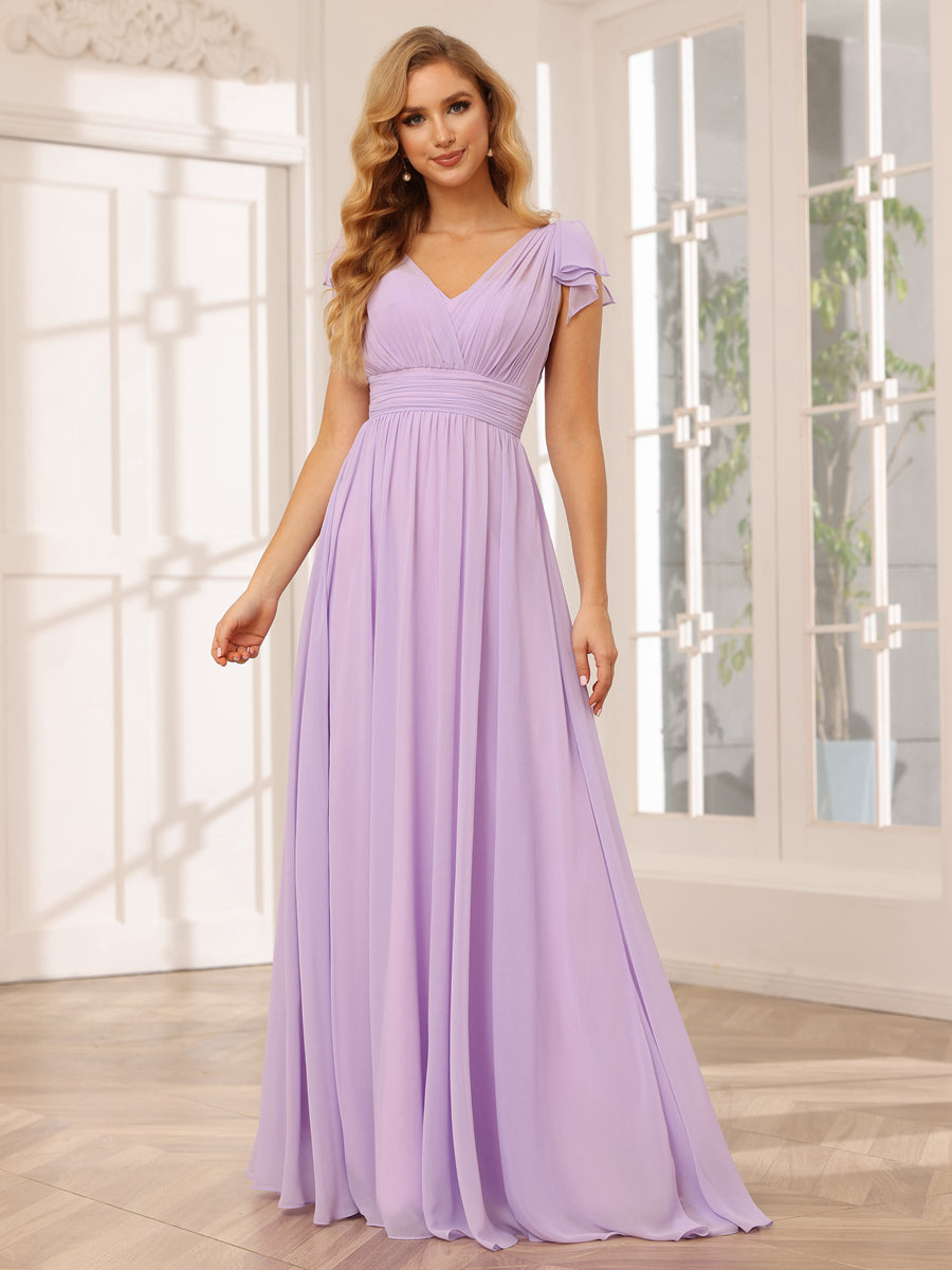 Vestidos Longos de Dama de Honra Evasê/Princesa com Decote Em V e Babados