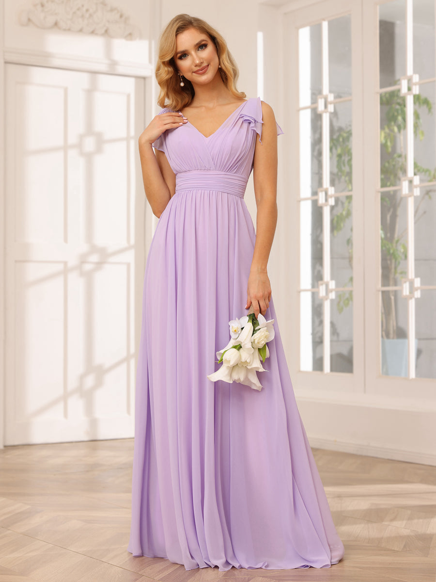 Vestidos Longos de Dama de Honra Evasê/Princesa com Decote Em V e Babados