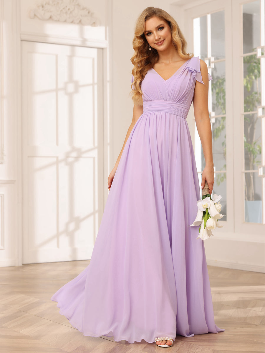 Vestidos Longos de Dama de Honra Evasê/Princesa com Decote Em V e Babados