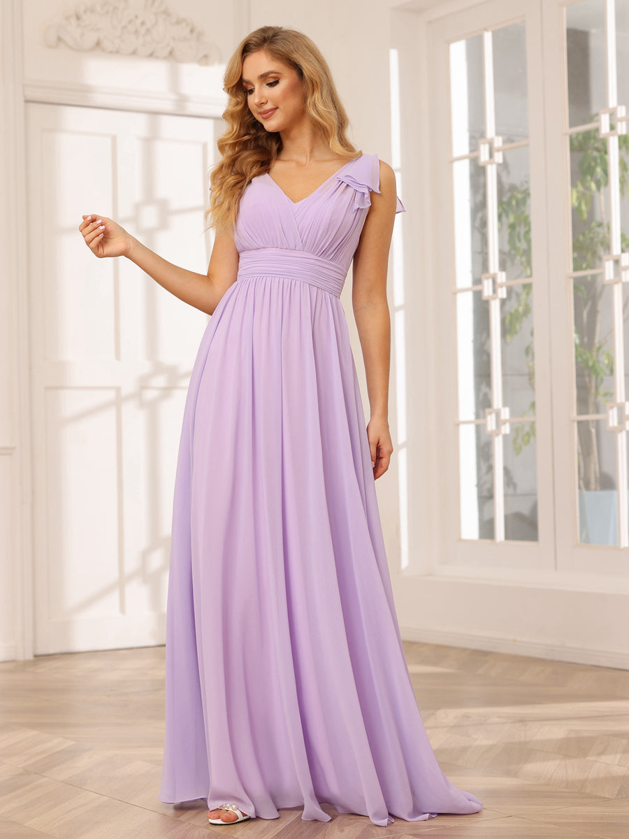 Vestidos Longos de Dama de Honra Evasê/Princesa com Decote Em V e Babados