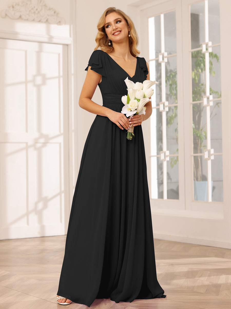 Vestidos Longos de Dama de Honra Evasê/Princesa com Decote Em V e Babados