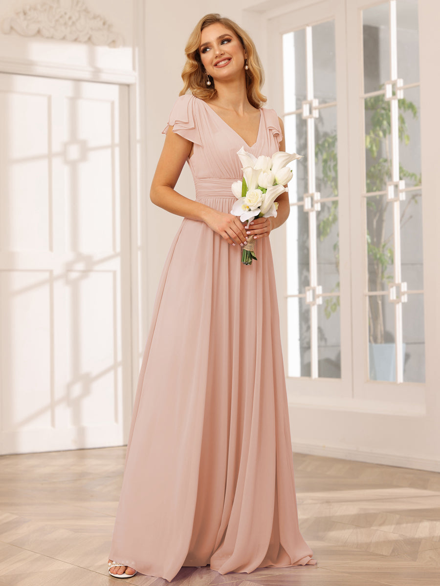Vestidos Longos de Dama de Honra Evasê/Princesa com Decote Em V e Babados