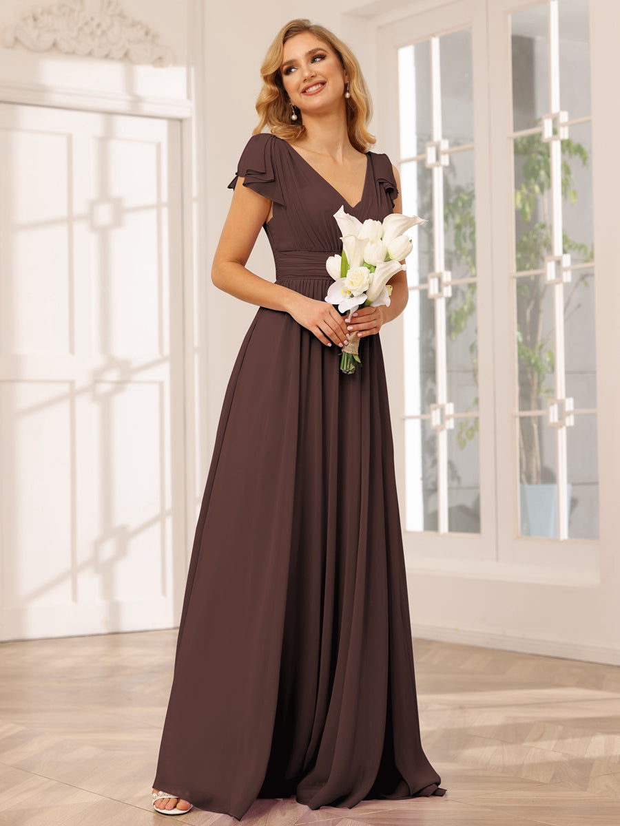 Vestidos Longos de Dama de Honra Evasê/Princesa com Decote Em V e Babados