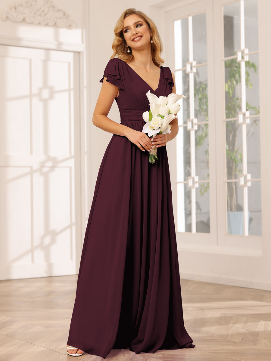 Vestidos Longos de Dama de Honra Evasê/Princesa com Decote Em V e Babados