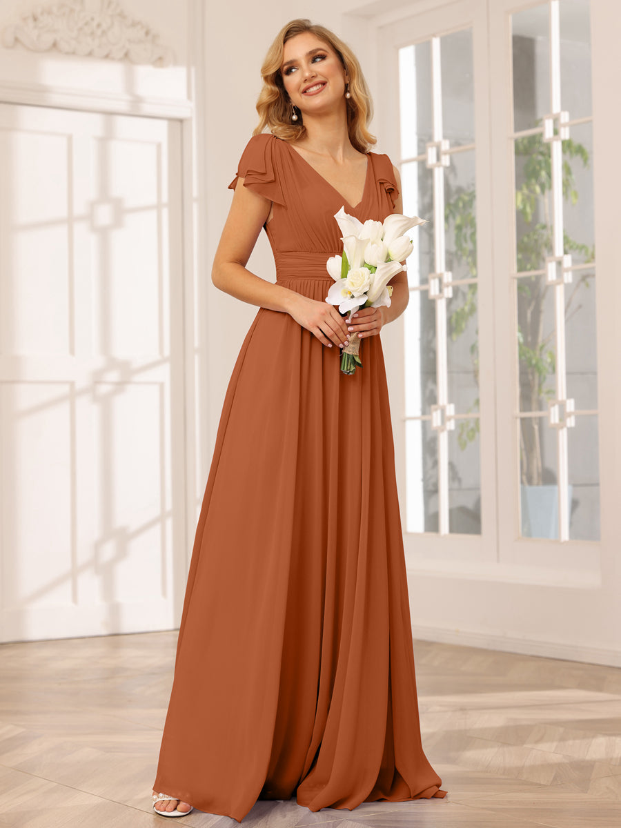 Vestidos Longos de Dama de Honra Evasê/Princesa com Decote Em V e Babados