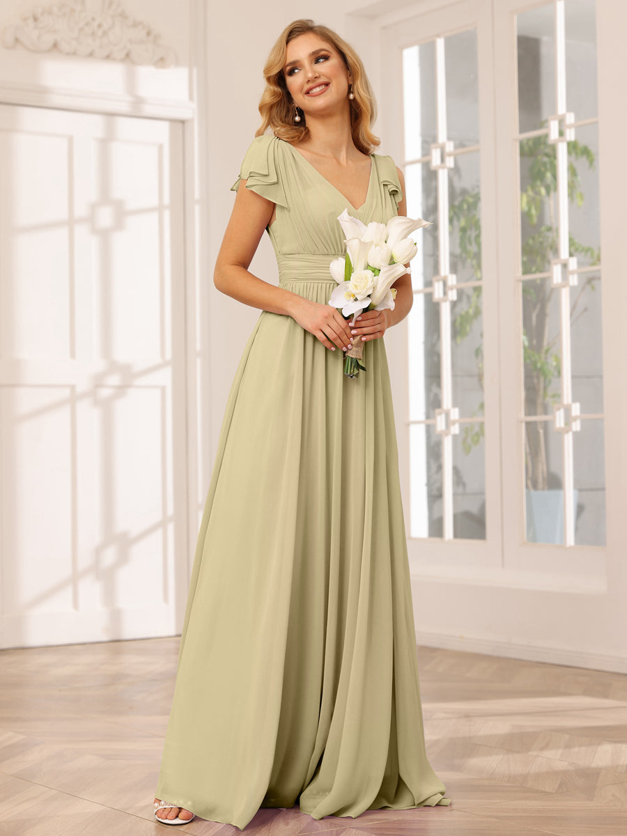 Vestidos Longos de Dama de Honra Evasê/Princesa com Decote Em V e Babados