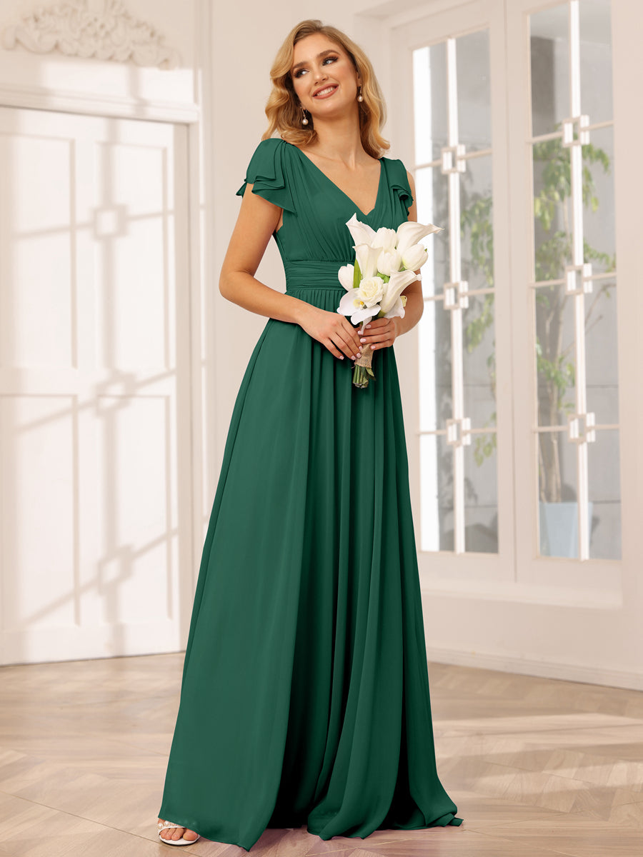 Vestidos Longos de Dama de Honra Evasê/Princesa com Decote Em V e Babados