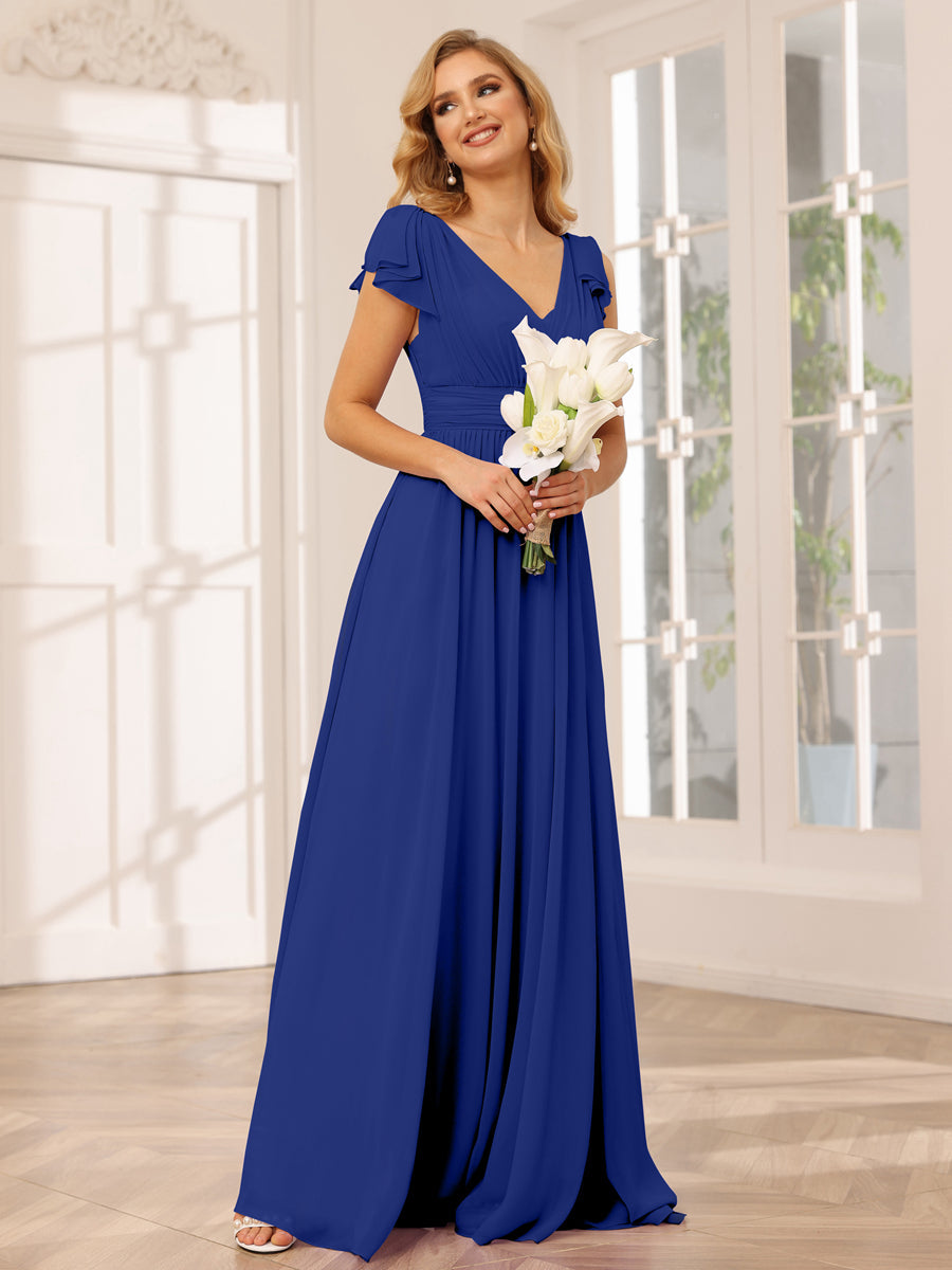 Vestidos Longos de Dama de Honra Evasê/Princesa com Decote Em V e Babados