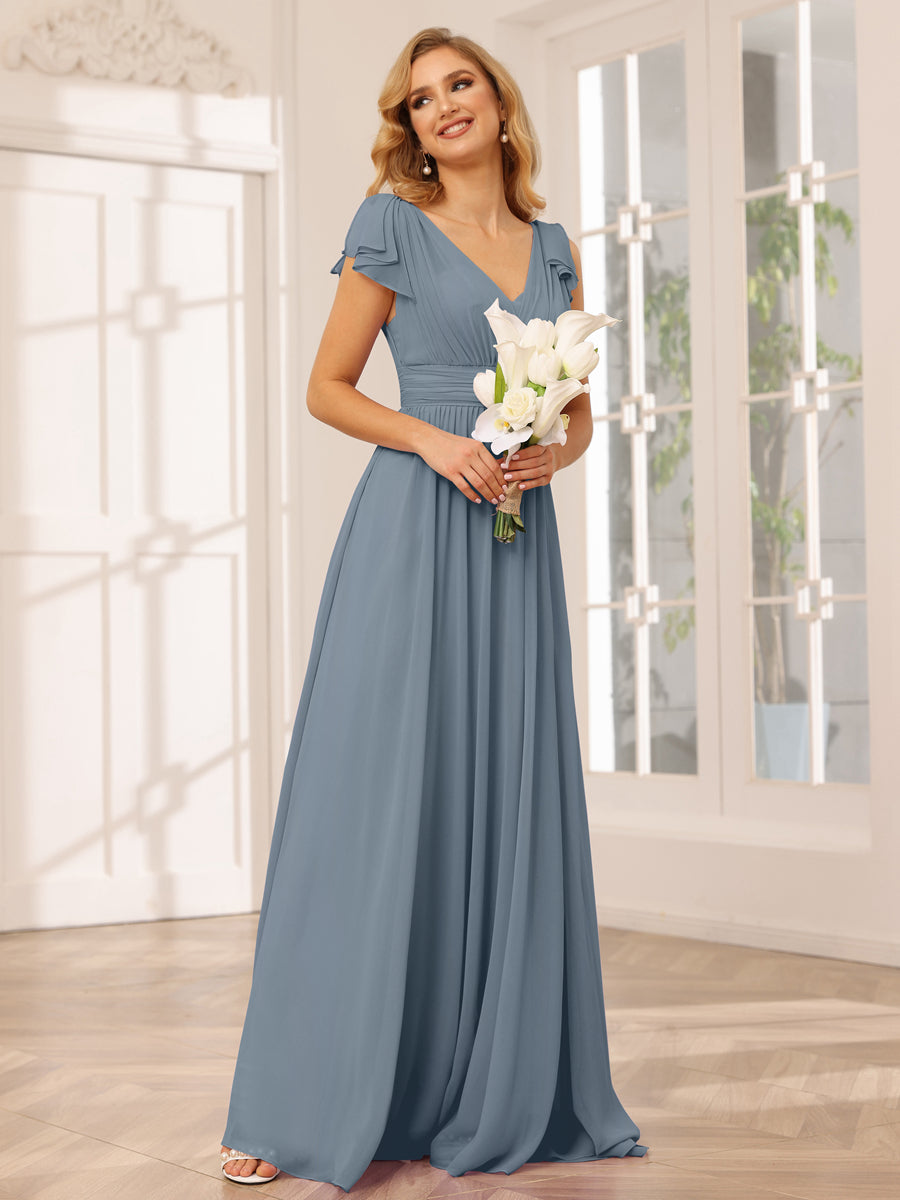 Vestidos Longos de Dama de Honra Evasê/Princesa com Decote Em V e Babados