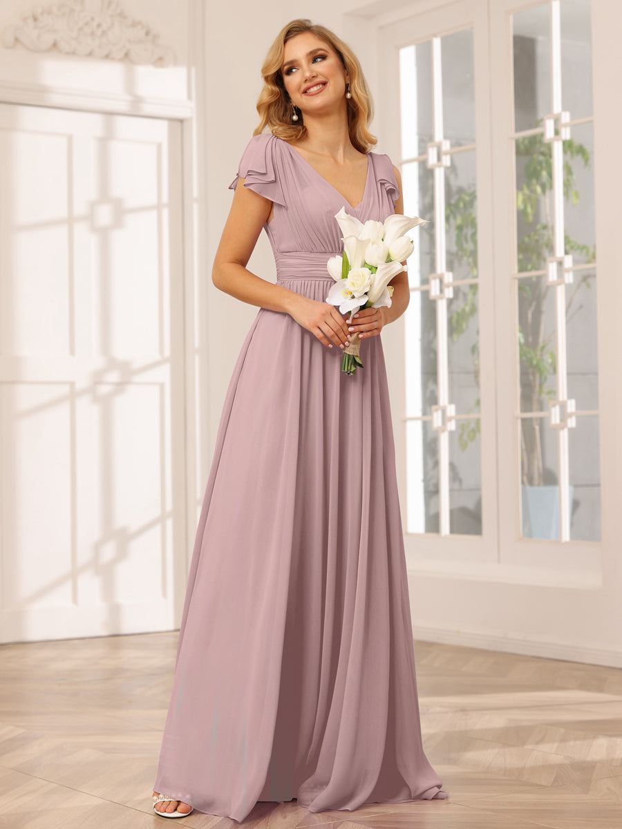 Vestidos Longos de Dama de Honra Evasê/Princesa com Decote Em V e Babados