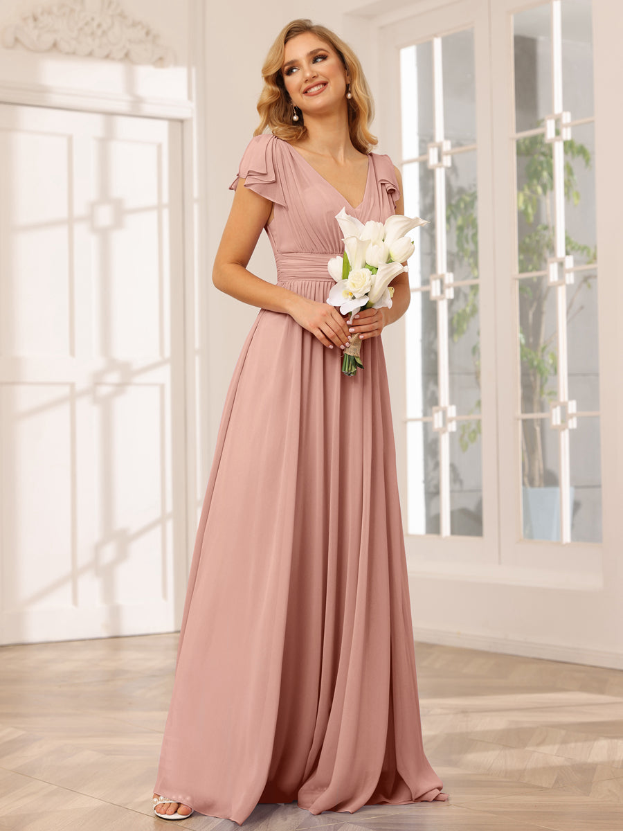 Vestidos Longos de Dama de Honra Evasê/Princesa com Decote Em V e Babados
