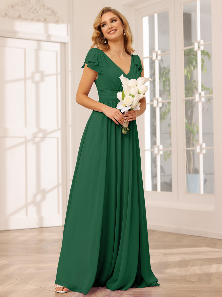 Vestidos Longos de Dama de Honra Evasê/Princesa com Decote Em V e Babados