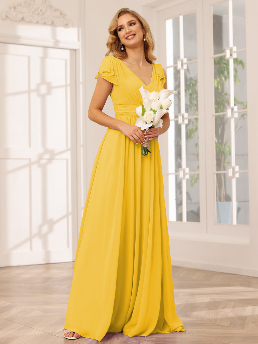 Vestidos Longos de Dama de Honra Evasê/Princesa com Decote Em V e Babados