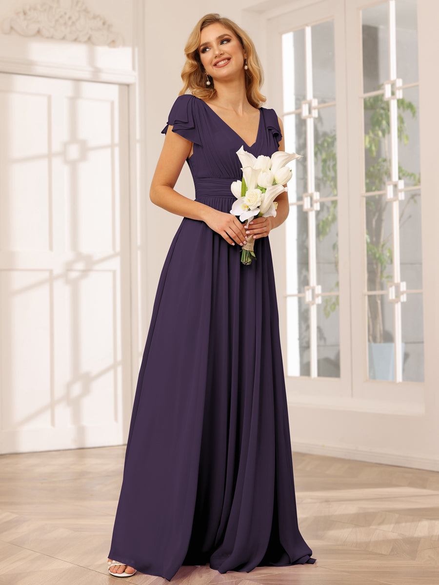 Vestidos Longos de Dama de Honra Evasê/Princesa com Decote Em V e Babados