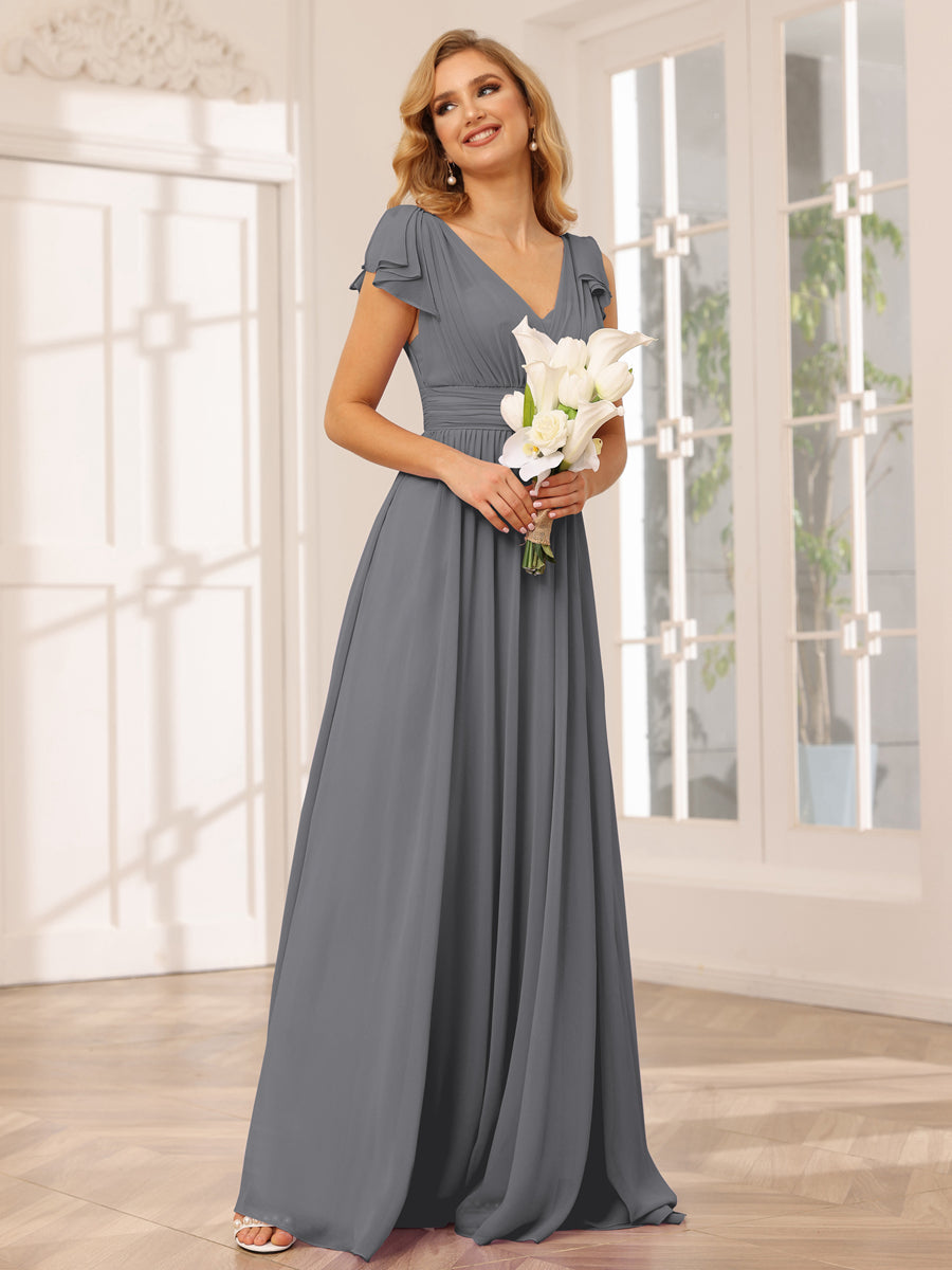 Vestidos Longos de Dama de Honra Evasê/Princesa com Decote Em V e Babados