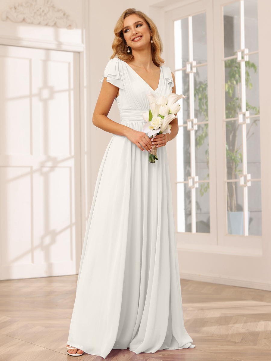 Vestidos Longos de Dama de Honra Evasê/Princesa com Decote Em V e Babados
