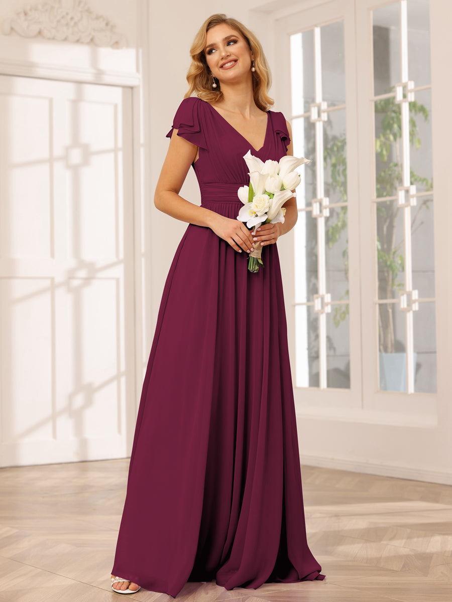 Vestidos Longos de Dama de Honra Evasê/Princesa com Decote Em V e Babados