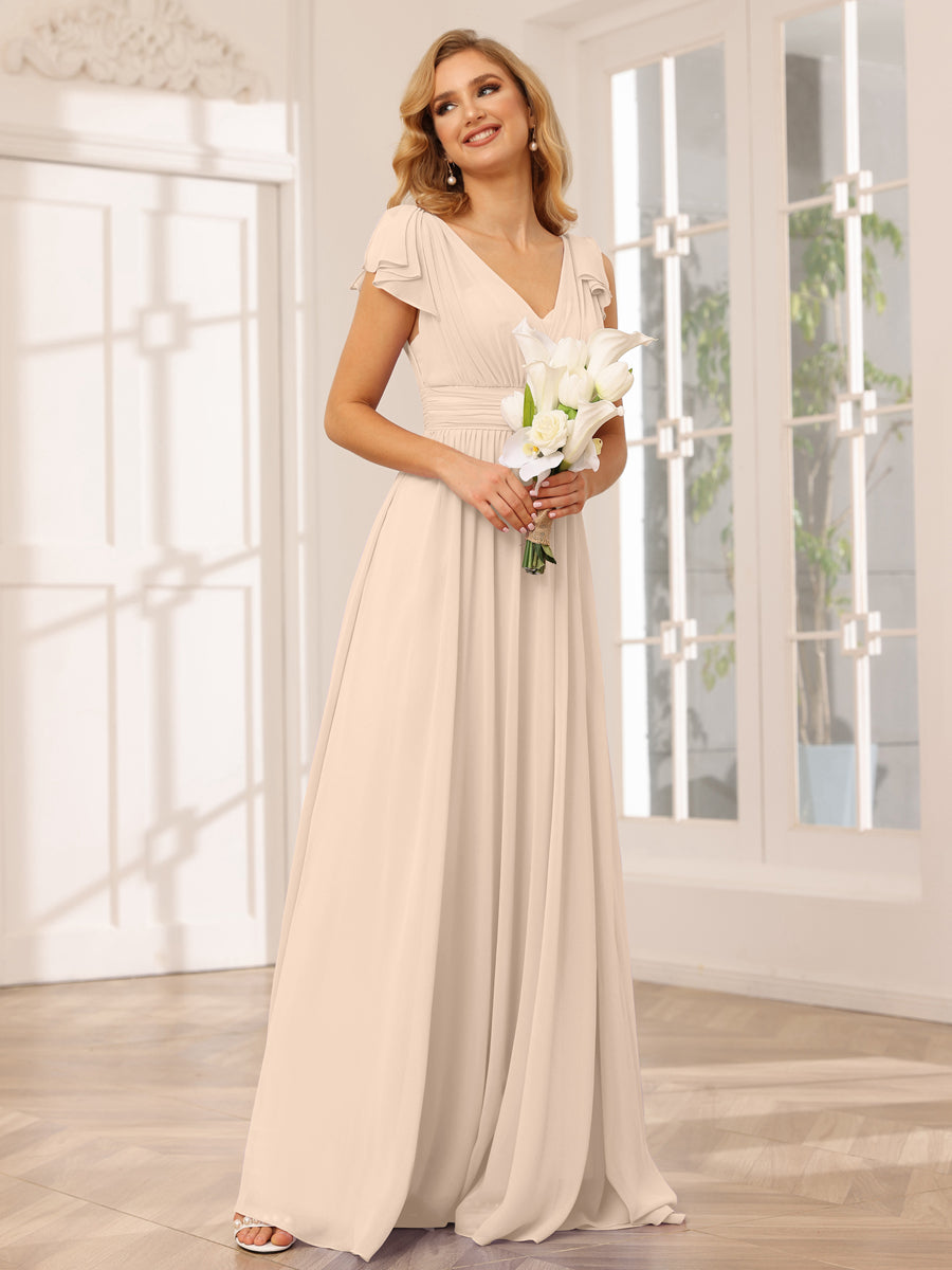 Vestidos Longos de Dama de Honra Evasê/Princesa com Decote Em V e Babados